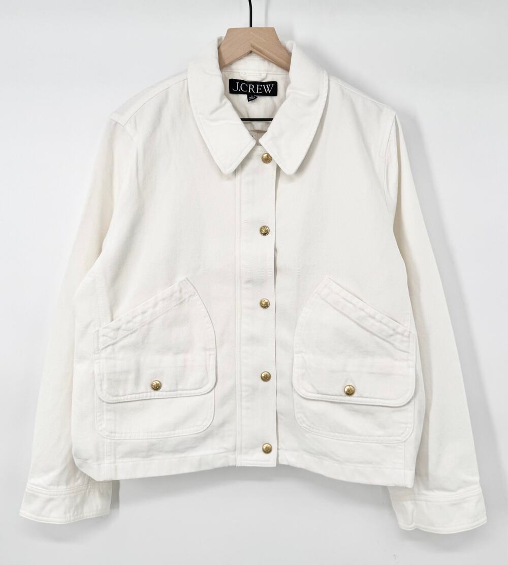 J Crew Womens White Short Barn Jacket in Cotton Twill Denim Chore Jacket XL NWT